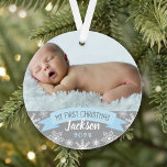 First Christmas Light Blue Baby Boy Photo Ornament<br><div class="desc">"My First Christmas" banner and snowflake border photo ornament design can be personalized with the baby boy's name and birth year. Includes a second photo on the back. Light blue,  gray and white colors.</div>