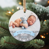 First Christmas Light Blue Baby Boy Photo