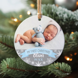 First Christmas Light Blue Baby Boy Photo Ornament