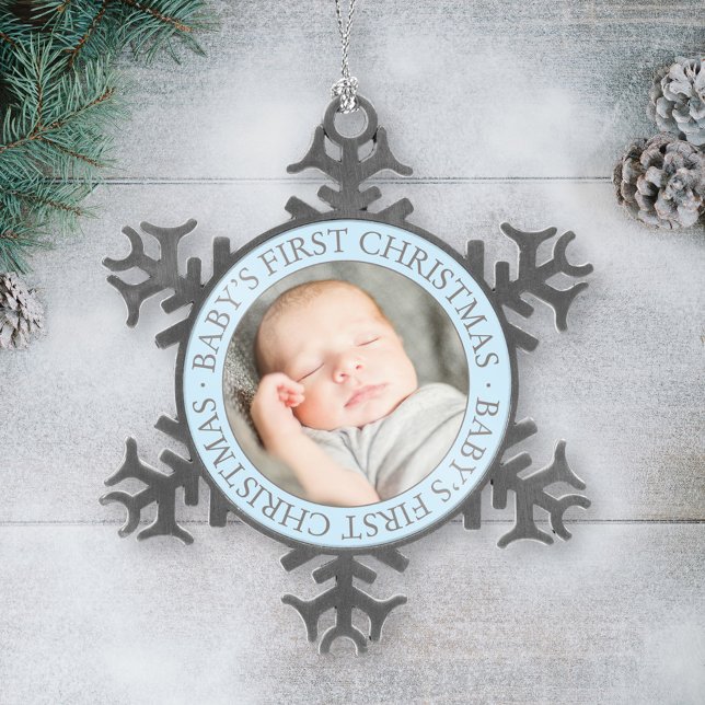 First Christmas Light Blue Custom Baby Boy Photo Snowflake Pewter Christmas Ornament (Creator Uploaded)
