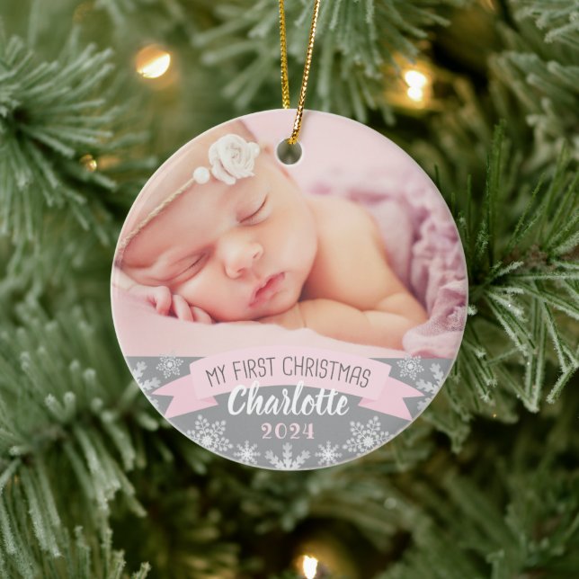 First Christmas Light Pink Baby Girl Photo Ceramic Tree Decoration (Tree)
