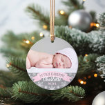 First Christmas Light Pink Baby Girl Photo Ornament<br><div class="desc">"My First Christmas" banner and snowflake border photo ornament design can be personalised with the baby girl's name and birth year. Includes a second photo on the back. Light pink,  grey and white colours.</div>