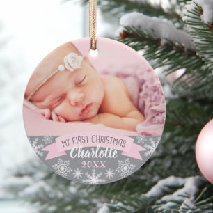 First Christmas Light Pink Baby Girl Photo Ornament