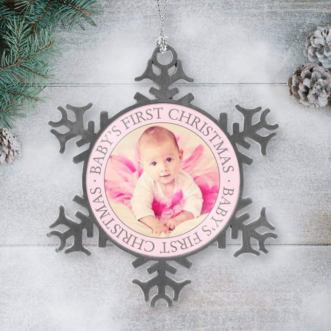 First Christmas Light Pink Custom Baby Girl Photo Snowflake Pewter Christmas Ornament (Creator Uploaded)