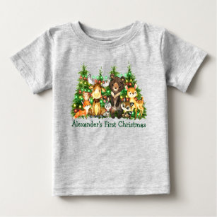 First Christmas Lights Forest Animals Grey Baby T-Shirt