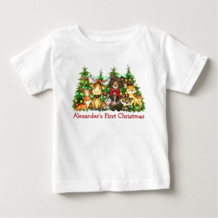First Christmas Lights Woodland Forest Animals Bow Baby T-Shirt