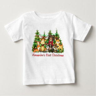 First Christmas Lights Woodland Forest Animals Bow Baby T-Shirt