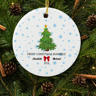 First Christmas Married 2024 Custom Couple  Ceramic Tree Decoration