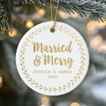 First Christmas Married and Merry Ceramic Ornament<br><div class="desc">An elegant faux gold foil square christmas ornament with the words,  Married and Merry. Personalise it with your names,  your wedding date,  and  a photo on the back. Designed for you by Blackberry Boulevard.</div>