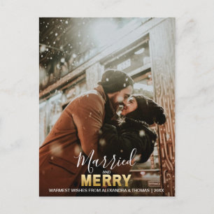 First Christmas Married and MERRY Gold add PHOTO Holiday Postcard