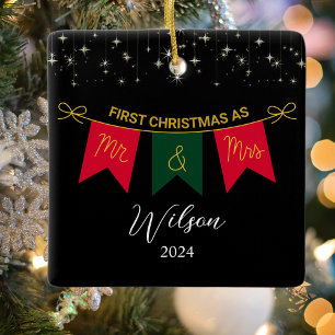 First Christmas Married As Mr. And Mrs Gold Script Ceramic Ornament