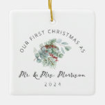 First Christmas Married as Mr. & Mrs. Photo Ceramic Ornament<br><div class="desc">Celebrate your first Christmas as newlyweds with this charming photo ceramic ornament, commemorating the special milestone. Personalise it with a favourite wedding or couple's photo, beautifully framed in a timeless "First Christmas Married as Mr. & Mrs." design. Crafted for durability, this keepsake ornament is perfect for the holiday season and...</div>