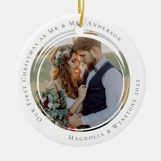 First Christmas Married as Mr & Mrs Photo Ceramic Tree Decoration (Front)