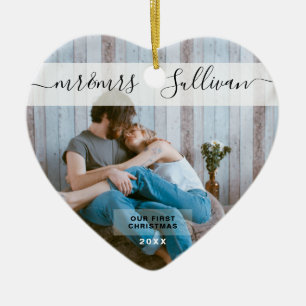 First Christmas Married as Mr. & Mrs. PHOTO Heart Ceramic Tree Decoration