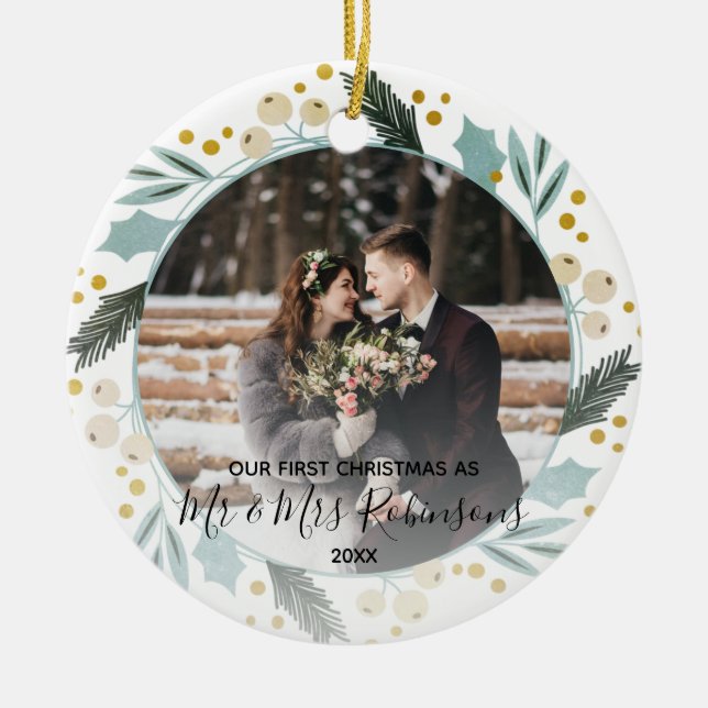 First Christmas Married as Mr & Mrs Photo Modern Ceramic Tree Decoration (Front)
