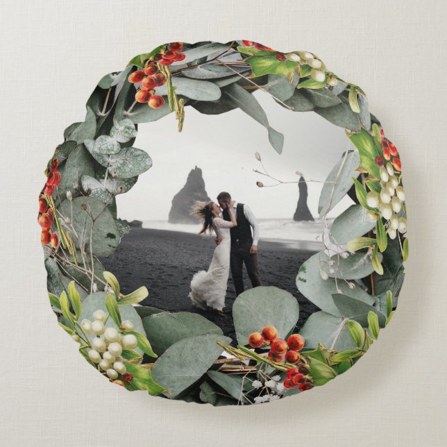 First Christmas Married as Mr. & Mrs. Photo Round Cushion (Front)