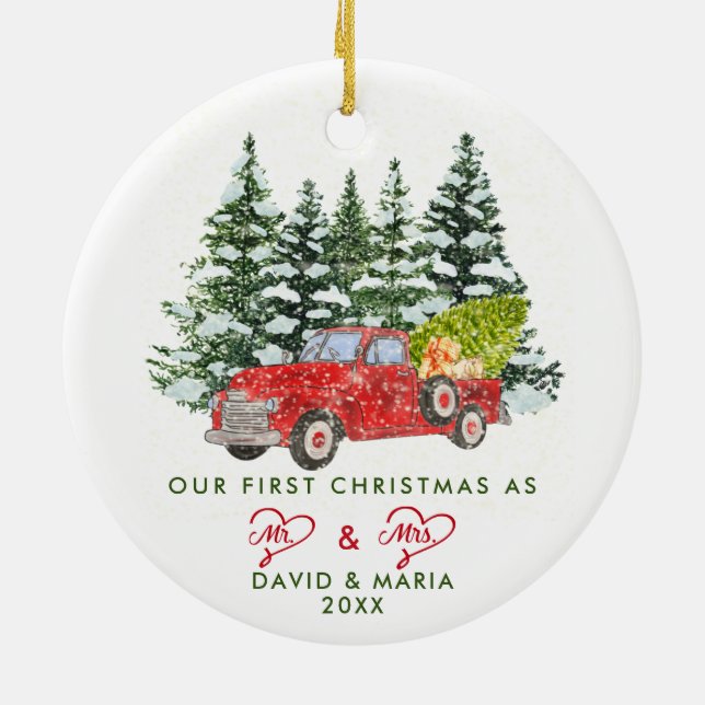 First Christmas Married as Mr. & Mrs. Red Truck Ceramic Tree Decoration (Back)