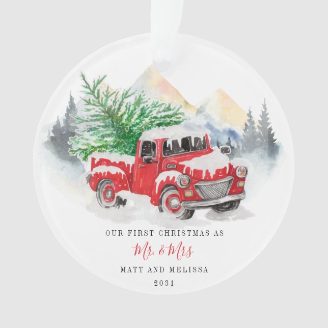 First Christmas Married as Mr. & Mrs. Red Truck Ornament (Front)
