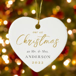 First Christmas Married as Mr. Mrs. Wedding Photo Ceramic Tree Decoration<br><div class="desc">Custom-designed heart-shaped ceramic Christmas ornament featuring modern gold calligraphy "Our 1st Christmas" design. Personalize with wedding photo,  name,  and date.</div>