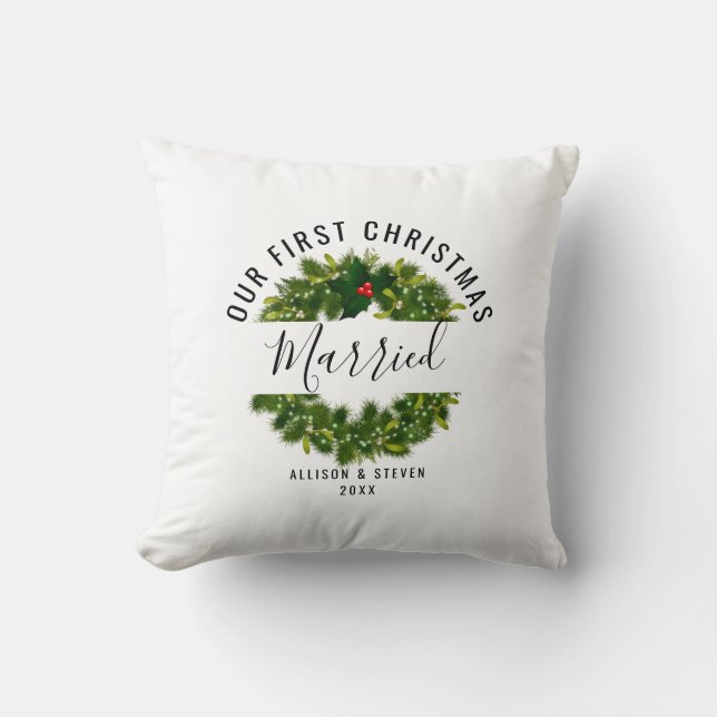 First Christmas Married Berry Wreath Personalised Cushion (Front)