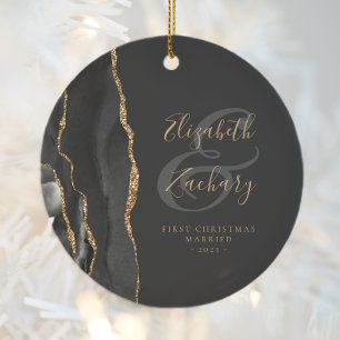 First Christmas Married Black Agate Gold Script Ceramic Tree Decoration