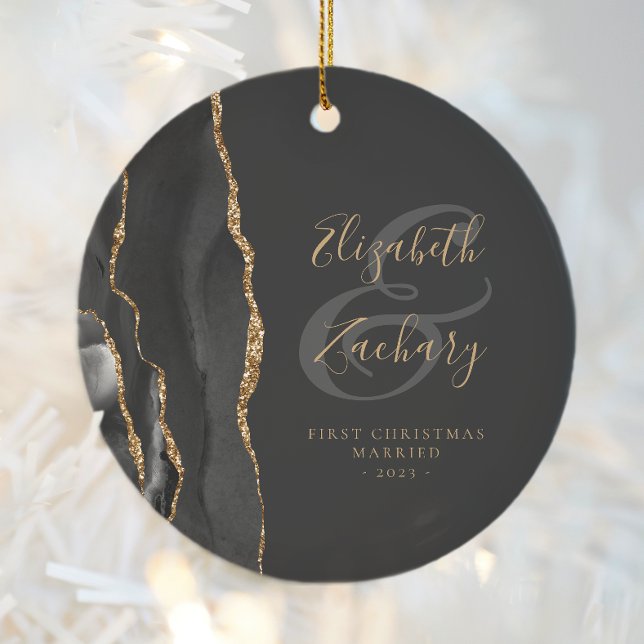 First Christmas Married Black Agate Gold Script Ceramic Tree Decoration (Creator Uploaded)