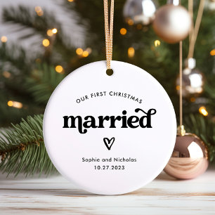 First Christmas Married Black and White with Heart Ceramic Tree Decoration