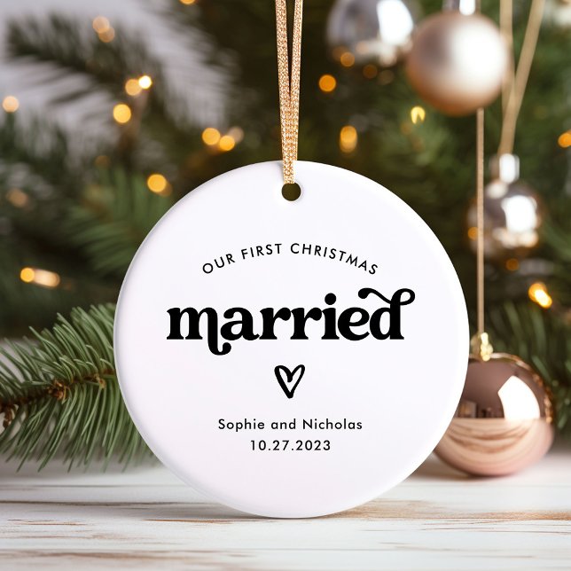 First Christmas Married Black and White with Heart Ceramic Tree Decoration (The perfect holiday keepsake for your first married Christmas)