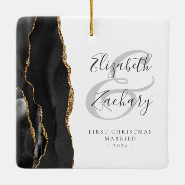 First Christmas Married Black Gold Agate Script Ceramic Ornament (Back)