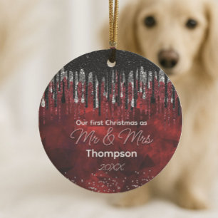 First Christmas married black red  glitter drips Ceramic Tree Decoration