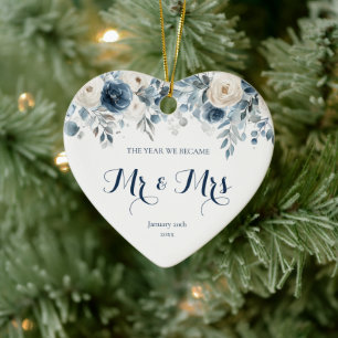 First Christmas Married Blue Floral Mr and Mrs Ceramic Tree Decoration