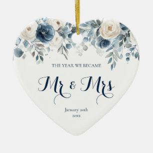 First Christmas Married Blue Floral Mr and Mrs Ceramic Tree Decoration
