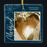 First Christmas Married Blue Snowflakes Photo Ceramic Ornament<br><div class="desc">This dark blue square Christmas ornament is a perfect gift for the newly married couple. The design features a photo frame with handwritten text "Married" and is accented with light blue snowflakes on a dark blue background. Personalise with a pictures of the couple,  their names and year.</div>