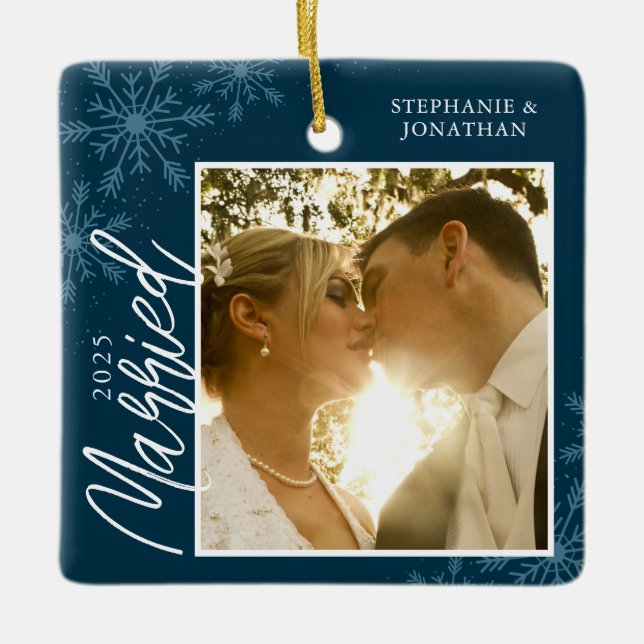 First Christmas Married Blue Snowflakes Photo Ceramic Ornament (Front)