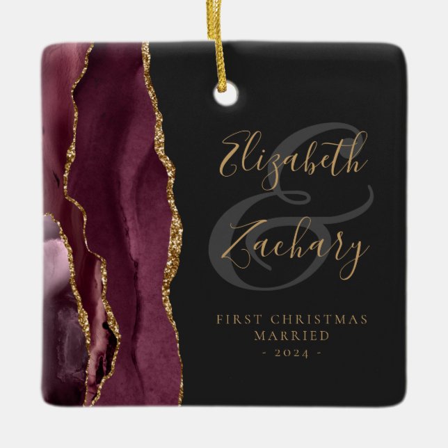 First Christmas Married Burgundy Agate Gold Script Ceramic Ornament (Front)