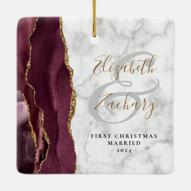 First Christmas Married Burgundy Agate Marble Gold Ceramic Ornament (Back)