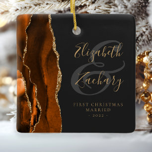 First Christmas Married Burnt Orange Agate Gold Ceramic Ornament