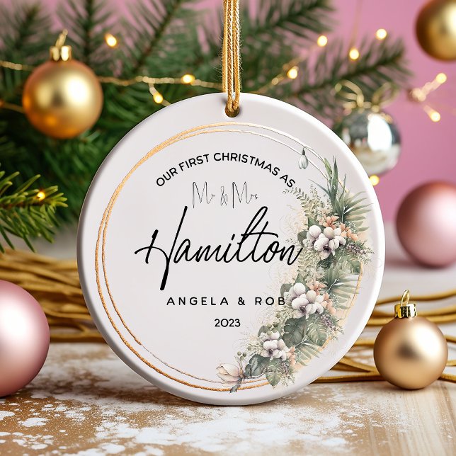 First Christmas Married Ceramic Ornament, Bouquet Ceramic Tree Decoration (Creator Uploaded)