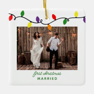 First Christmas Married Colourful Christmas Lights Ceramic Ornament
