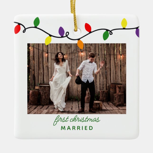 First Christmas Married Colourful Christmas Lights Ceramic Ornament (Front)