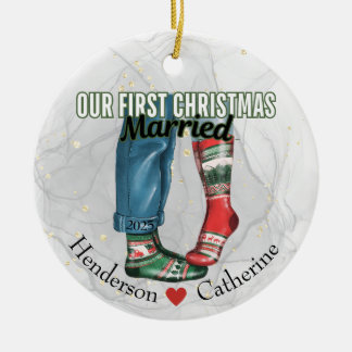 First Christmas Married Couple in Socks Ceramic Tree Decoration