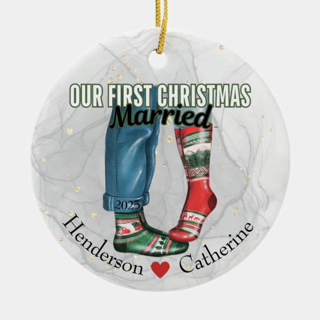 First Christmas Married Couple in Socks Ceramic Tree Decoration (Front)