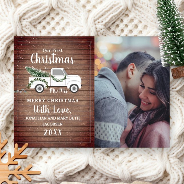 First Christmas Married Couple Truck Wood Photo Holiday Card (Creator Uploaded)