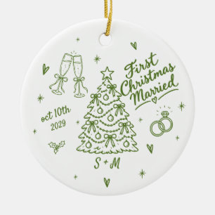 First Christmas Married Custom Date Initials Green Ceramic Tree Decoration