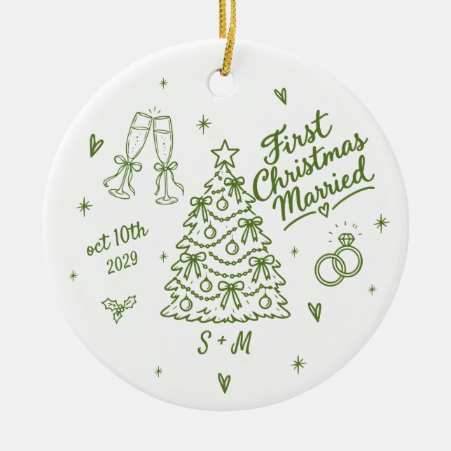 First Christmas Married Custom Date Initials Green Ceramic Tree Decoration (Front)