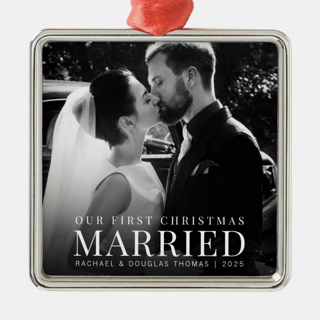 First Christmas Married | Custom Newlywed Photo Metal Tree Decoration (Front)