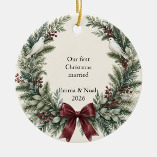 First Christmas Married Doves and Burgundy Bow Ceramic Tree Decoration