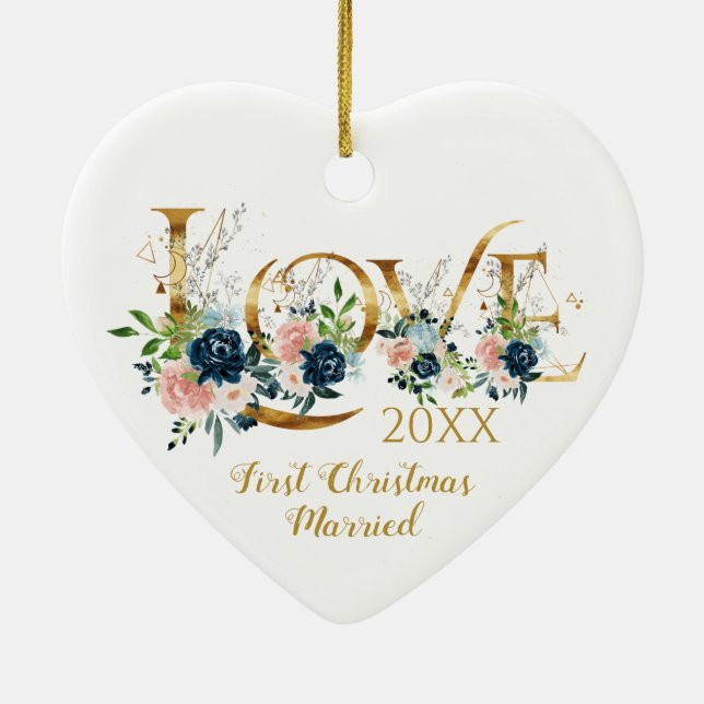 First Christmas Married Elegant Love Typography Ceramic Tree Decoration (Back)