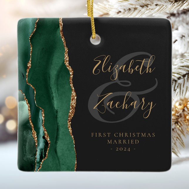 First Christmas Married Emerald Agate Gold Script Ceramic Ornament (Creator Uploaded)