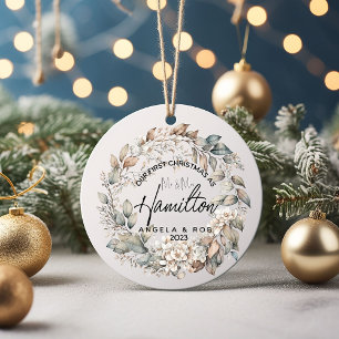 First Christmas Married Floral Leaf Wreath Ceramic Tree Decoration